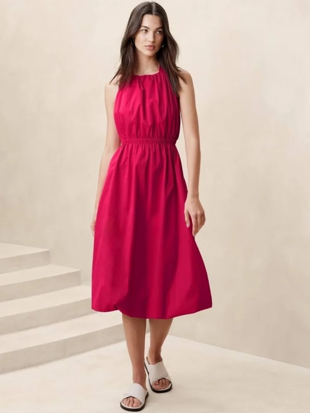 Banana Republic Sleeveless Gathered Halter Midi Dress Fuchsia Pink Small Petite